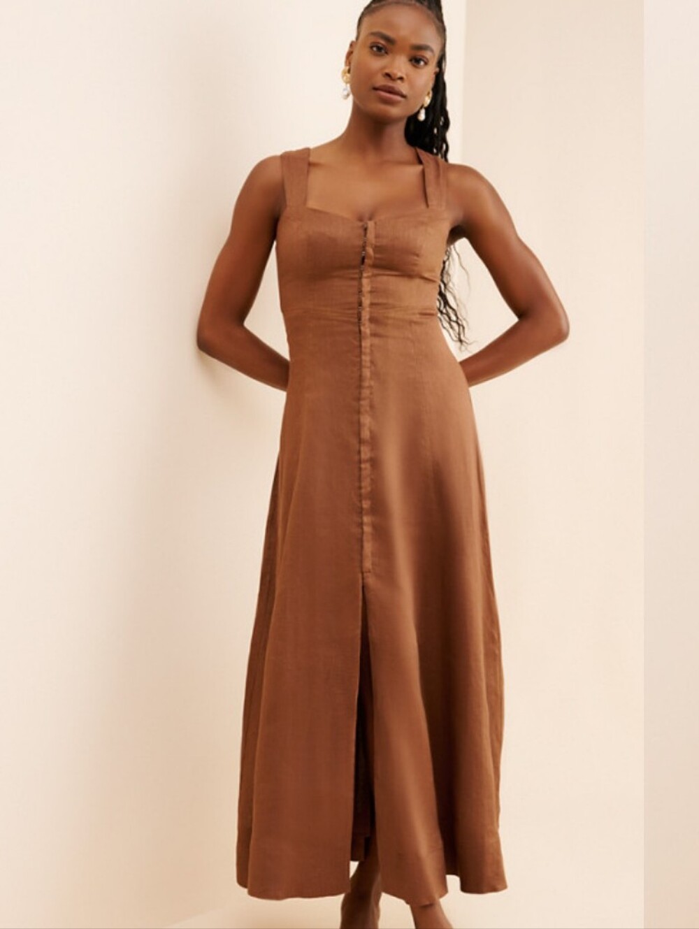 Brown Sleeveless Button-Front Maxi Dress